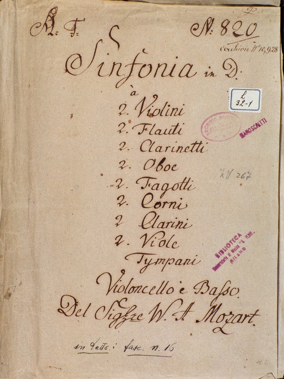 Pierwsza strona nut do IV Symfonii D Mozarta autorstwa Wolfgang Amadeus Mozart
