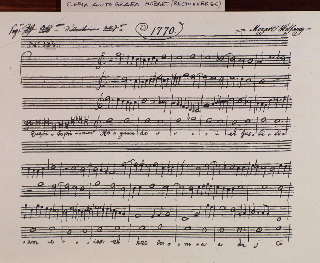 Strona z nutami do Seek the first Kingdom of God Mozarta w celu uzyskania tytułu Accademia filarmonico, wersja poprawiona przez ojca Martiniego (1770) autorstwa Wolfgang Amadeus Mozart