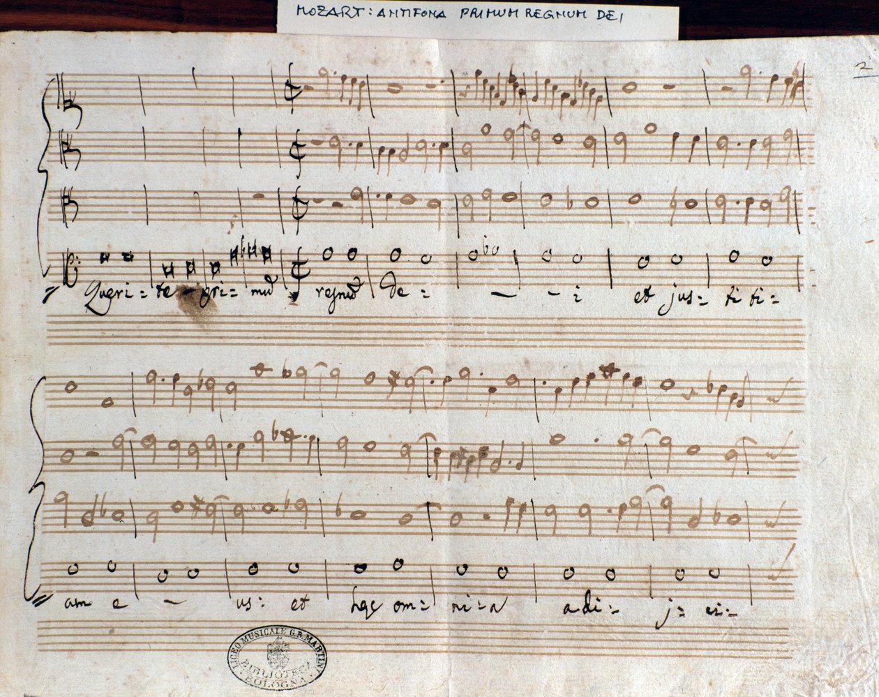 Strona z nutami Szukaj pierwszego królestwa Bożego Mozarta, aby uzyskać tytuł Accademico filarmonico (1770) autorstwa Wolfgang Amadeus Mozart