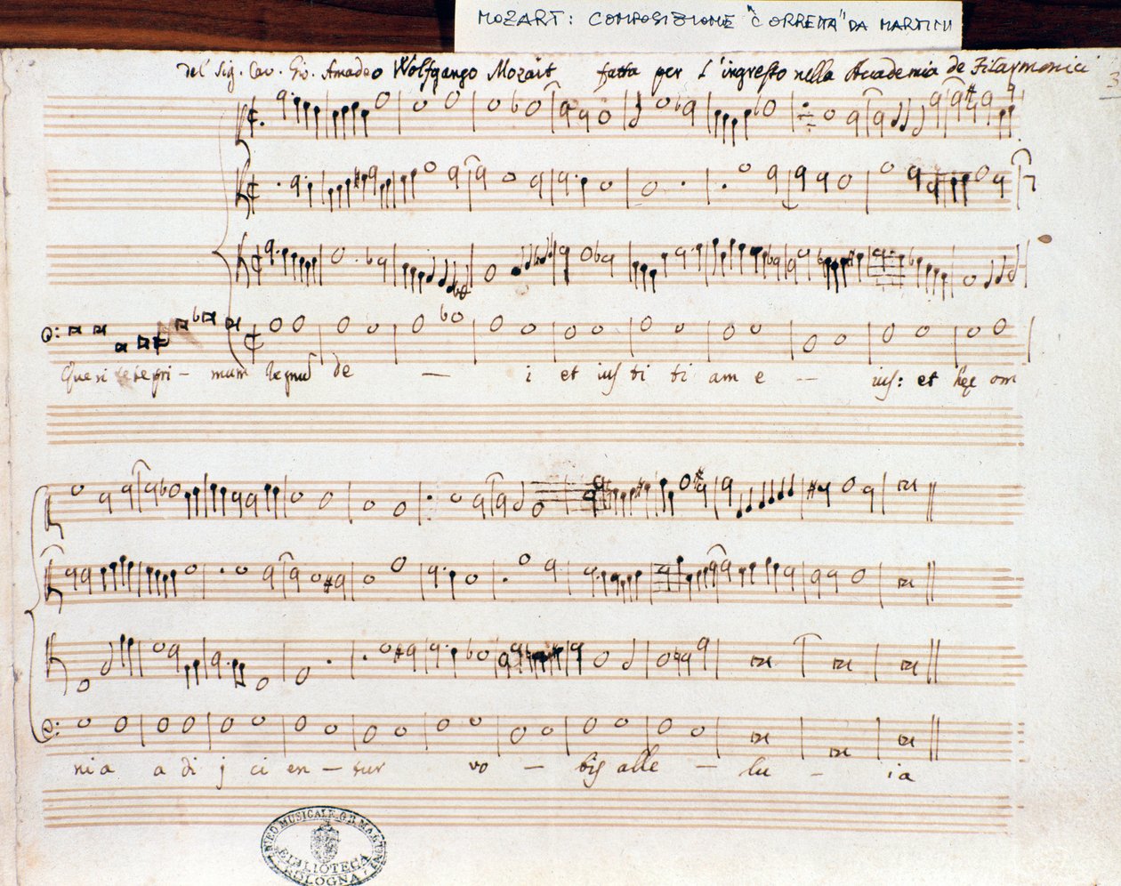 Strona z nutami Szukaj pierwszego królestwa Bożego Mozarta, aby uzyskać tytuł Accademico filarmonico (1770) autorstwa Wolfgang Amadeus Mozart