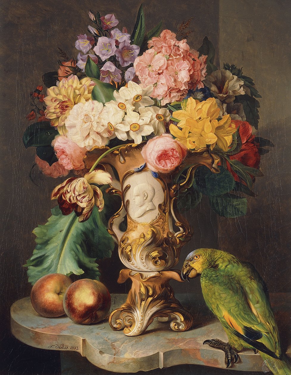 Martwa natura z wazonem z bukietem kwiatów, brzoskwiń i papugi na marmurowej półce, 1843 autorstwa Wolfgang Küss