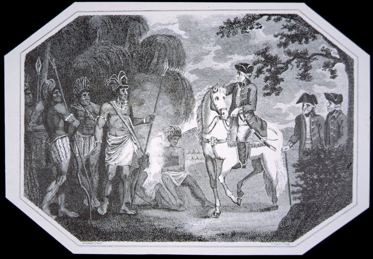 Generał Burgoyne i Indianie w 1777 r., grawerowane przez J. Taylora, z „Historii Anglii” Davida Hume