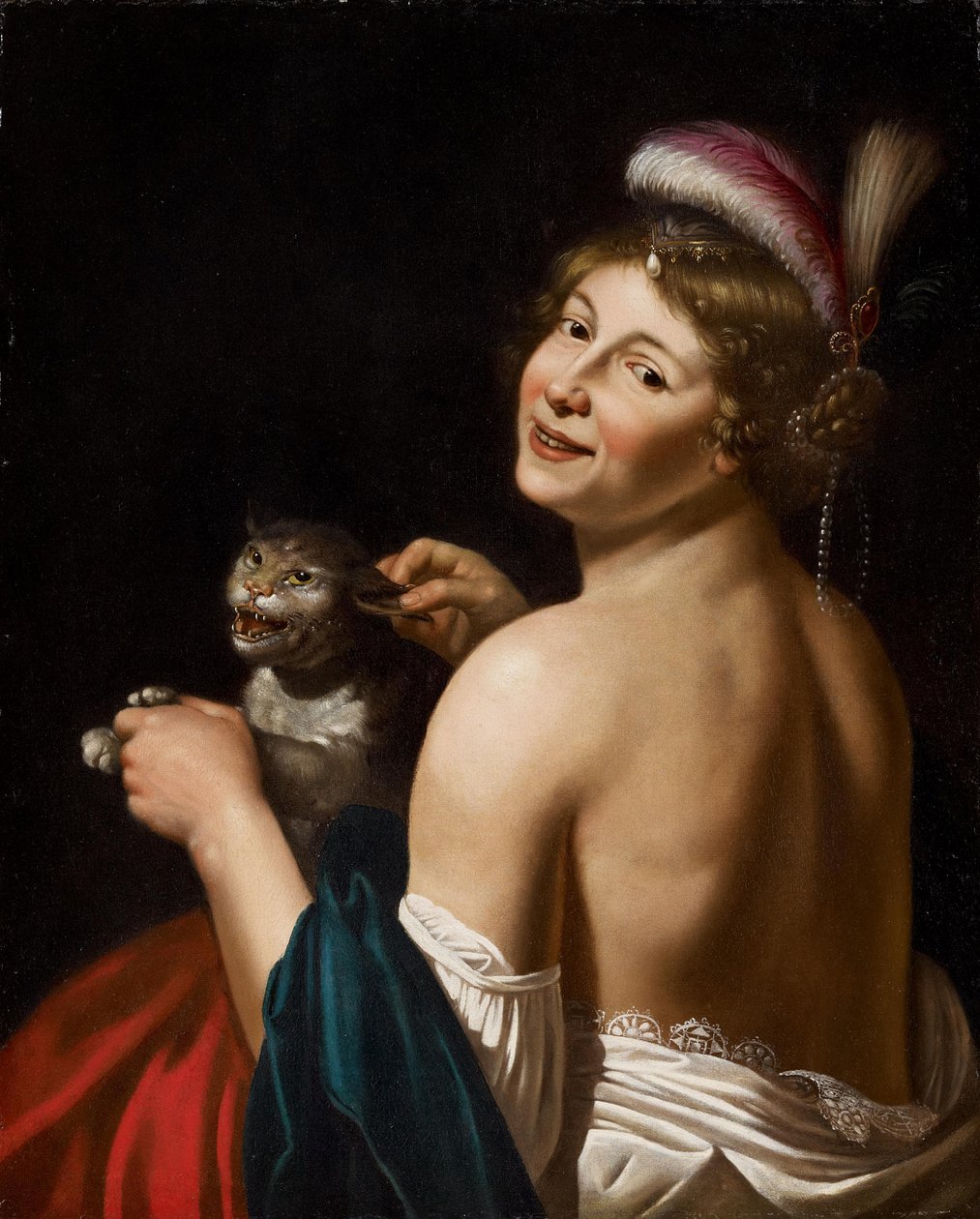 Ciągnięcie kurtyzany za ucho kota autorstwa Workshop of Jan van Bijlert