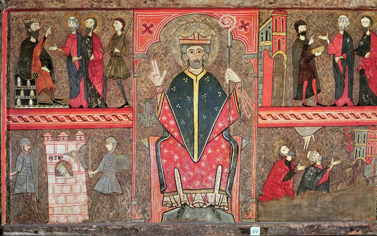 Front ołtarzowy przedstawiający siedzącego Świętego Piotra z pastorałem i czterema scenami z jego życia, 1150-1200 (tempera na desce) autorstwa Workshop of Lleida