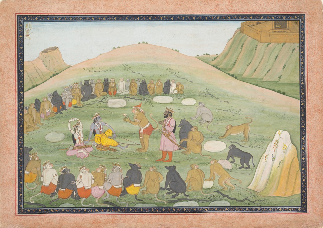 Hanuman ożywia Ramę i Lakszmanę ziołami leczniczymi..., seria Ramajana, ca. 1790. autorstwa Workshop active in the First generation