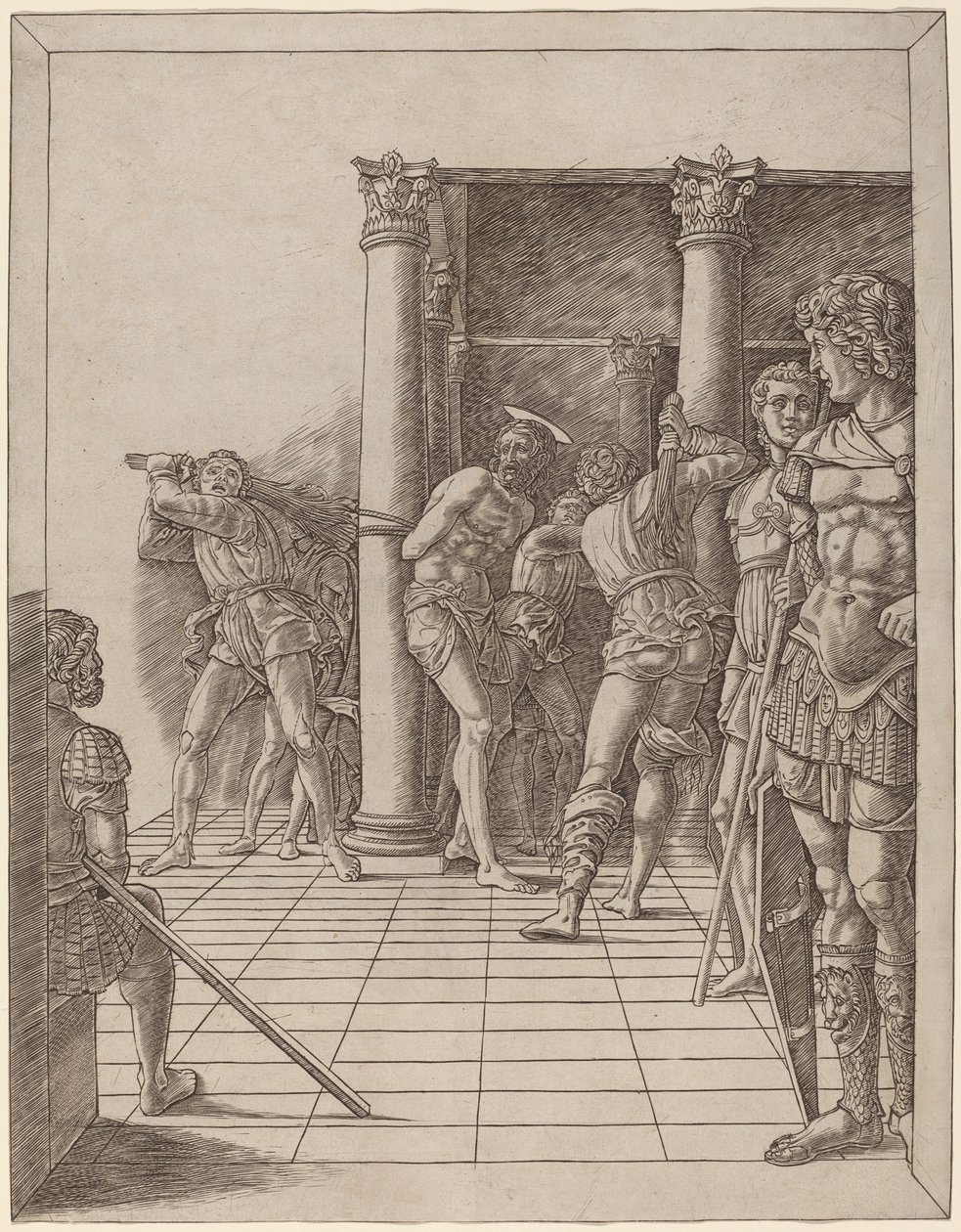 Biczowanie Chrystusa chodnikiem autorstwa Workshop of Andrea Mantegna