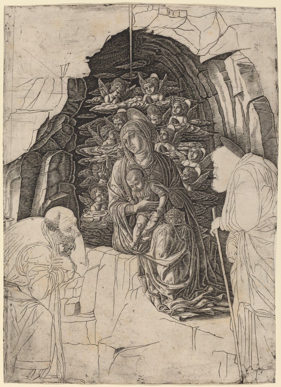 Adoracja Trzech Króli (Dziewica w Grocie) autorstwa Workshop of Andrea Mantegna