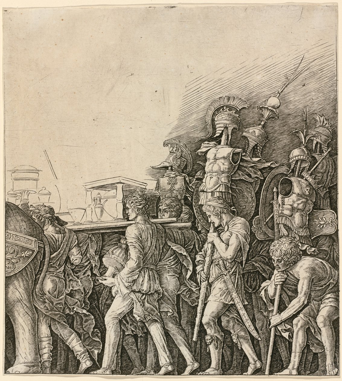 Triumf Cezara: Żołnierze niosący trofea autorstwa Workshop of Andrea Mantegna