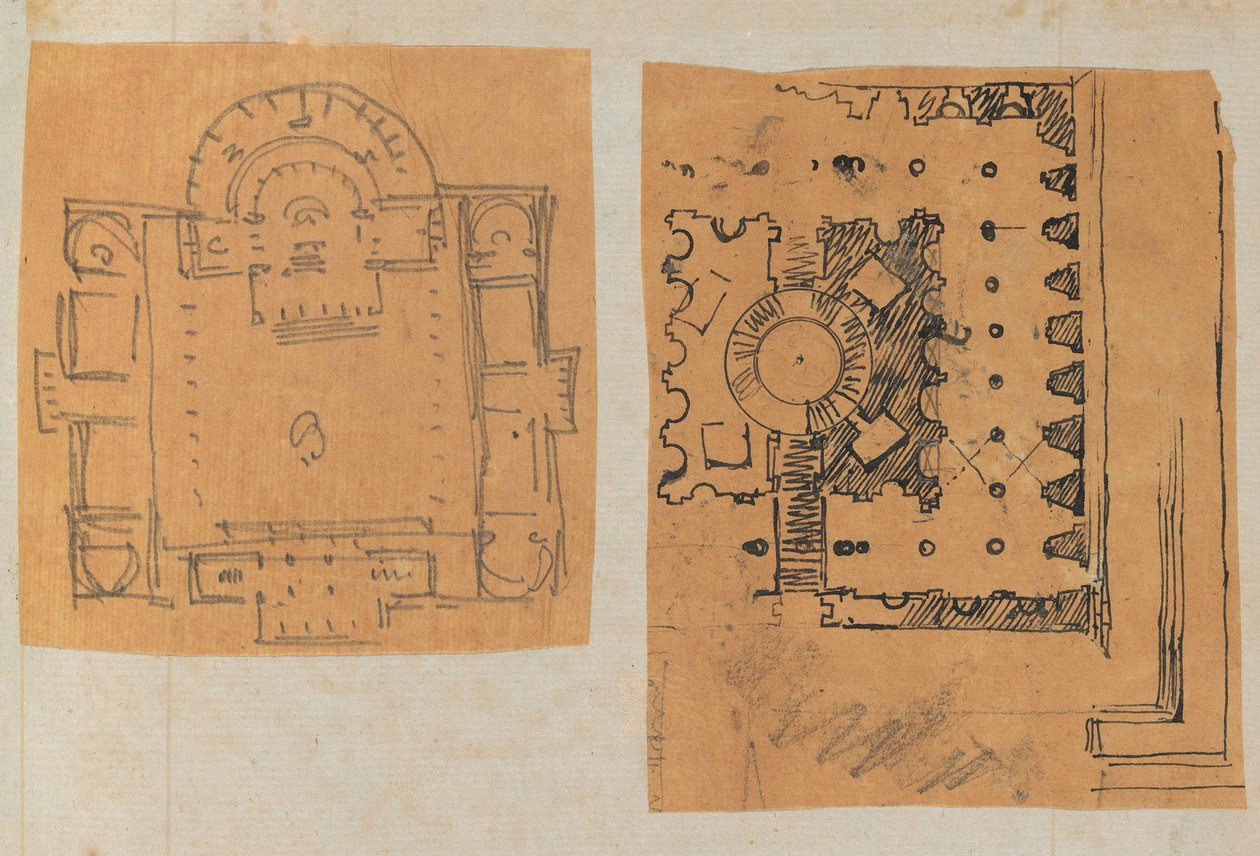 Strona z albumu z rysunkami i kilkoma rycinami architektury, Int..., ca. 1800-1850. Twórcy: Warsztat Charlesa Perciera, Warsztat Pierre