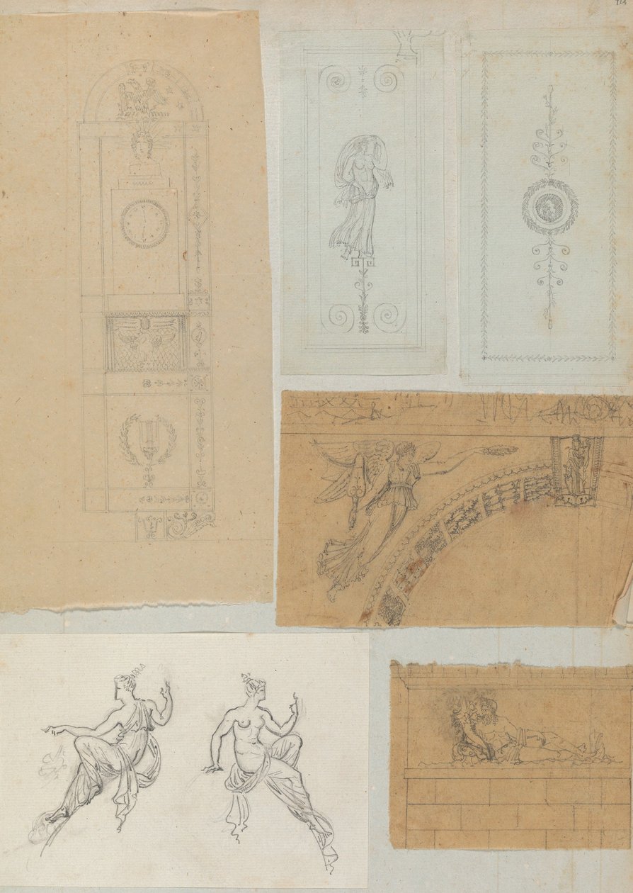 Strona z albumu z rysunkami i kilkoma rycinami architektury, Int..., ca. 1800-1850. Twórcy: Warsztat Charlesa Perciera, Warsztat Pierre