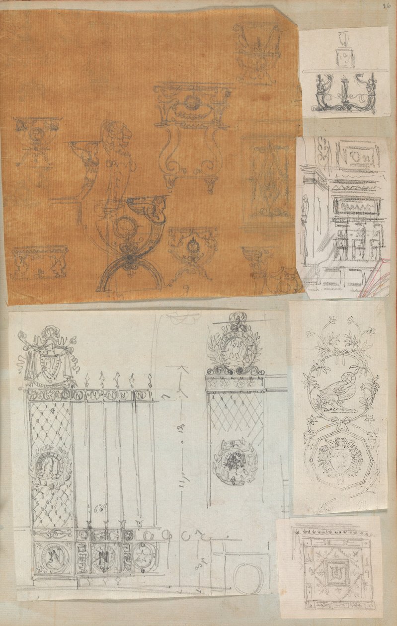 Strona z albumu z rysunkami i kilkoma rycinami architektury, Int..., ca. 1800-1850. Twórcy: Warsztat Charlesa Perciera, Warsztat Pierre
