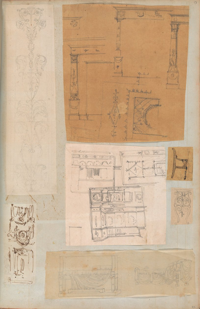 Strona z albumu z rysunkami i kilkoma rycinami architektury, Int..., ca. 1800-1850. Twórcy: Warsztat Charlesa Perciera, Warsztat Pierre