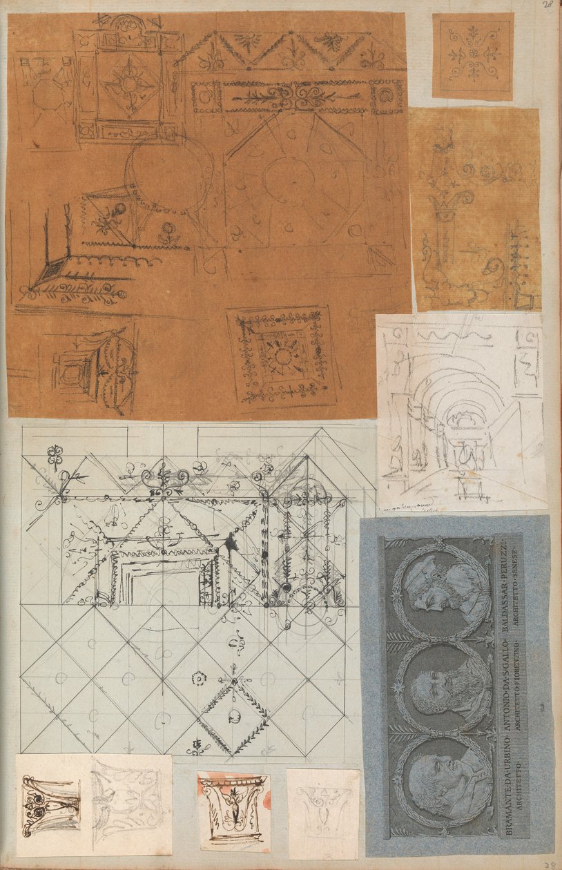 Strona z albumu z rysunkami i kilkoma rycinami architektury, Int..., ca. 1800-1850. Twórcy: Warsztat Charlesa Perciera, Warsztat Pierre