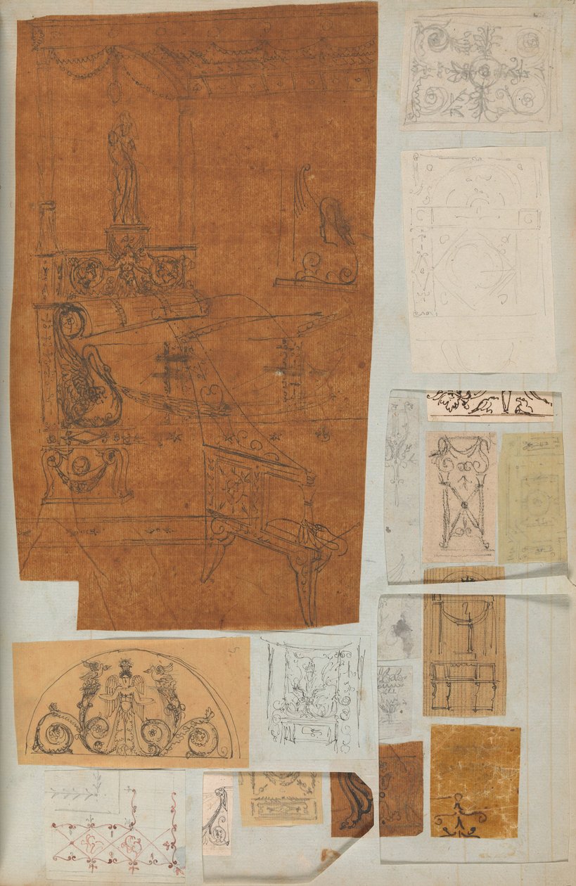 Strona z albumu z rysunkami i kilkoma rycinami architektury, Int..., ca. 1800-1850. Twórcy: Warsztat Charlesa Perciera, Warsztat Pierre