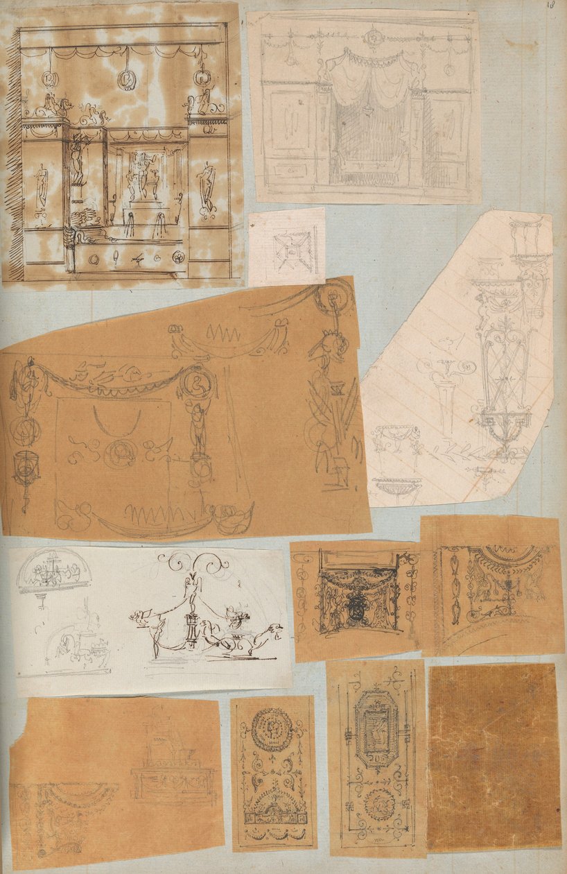 Strona z albumu z rysunkami i kilkoma rycinami architektury, Int..., ca. 1800-1850. Twórcy: Warsztat Charlesa Perciera, Warsztat Pierre