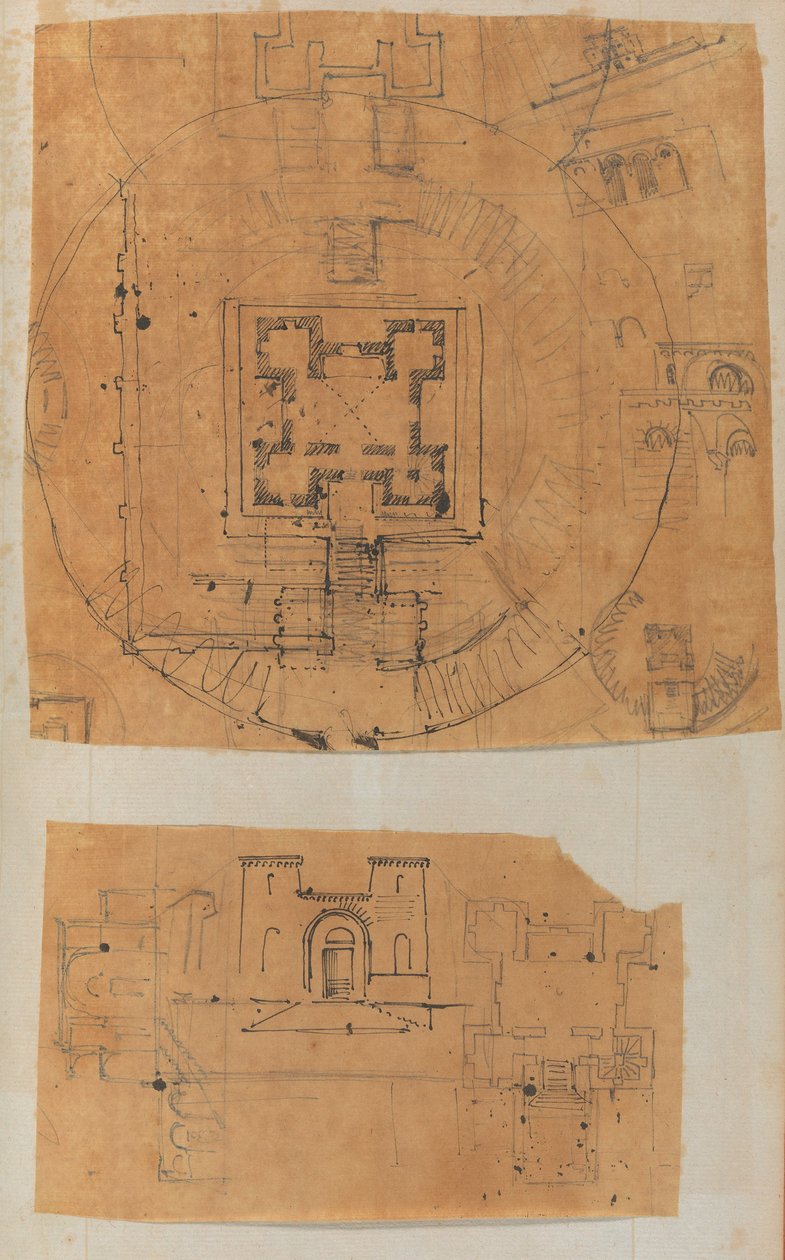 Strona z albumu z rysunkami i kilkoma grafikami architektury, Int..., ca. 1800-1850. Twórcy: Warsztat Charlesa Perciera, Warsztat Pierre