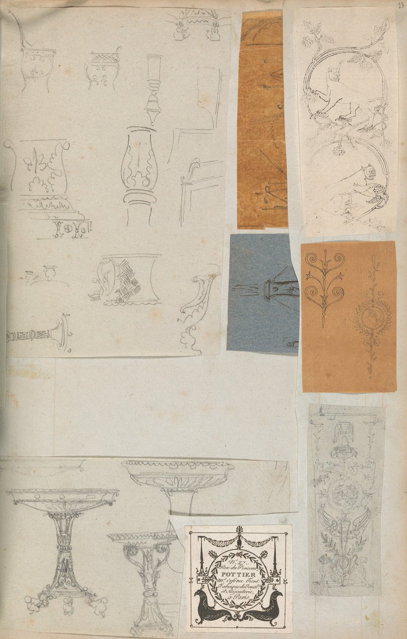 Strona z albumu z rysunkami i kilkoma rycinami architektury, Int..., ca. 1800-1850. Twórcy: Warsztat Charlesa Perciera, Warsztat Pierre