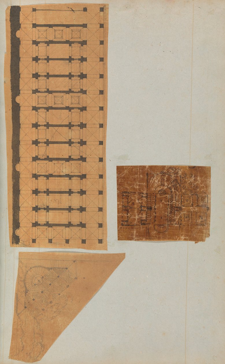 Strona z albumu z rysunkami i kilkoma rycinami architektury, Int..., ca. 1800-1850. Twórcy: Warsztat Charlesa Perciera, Warsztat Pierre
