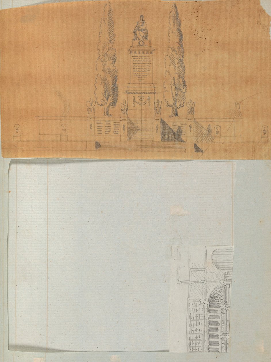 Strona z albumu z rysunkami i kilkoma rycinami architektury, Int..., ca. 1800-1850. Twórcy: Warsztat Charlesa Perciera, Warsztat Pierre