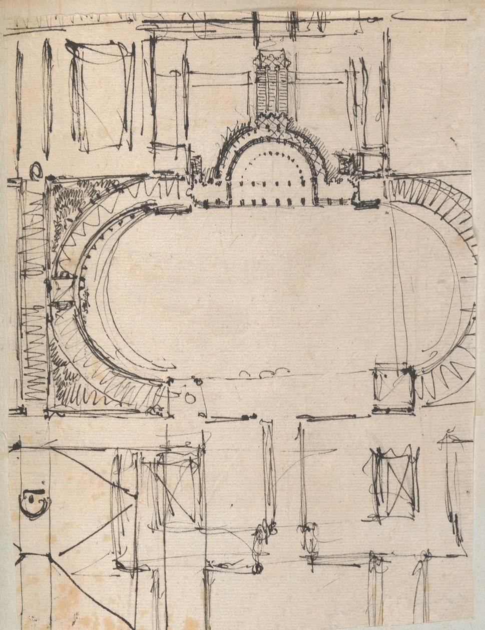 Strona z albumu z rysunkami i kilkoma rycinami architektury, Int..., ca. 1800-1850. Twórcy: Warsztat Charlesa Perciera, Warsztat Pierre
