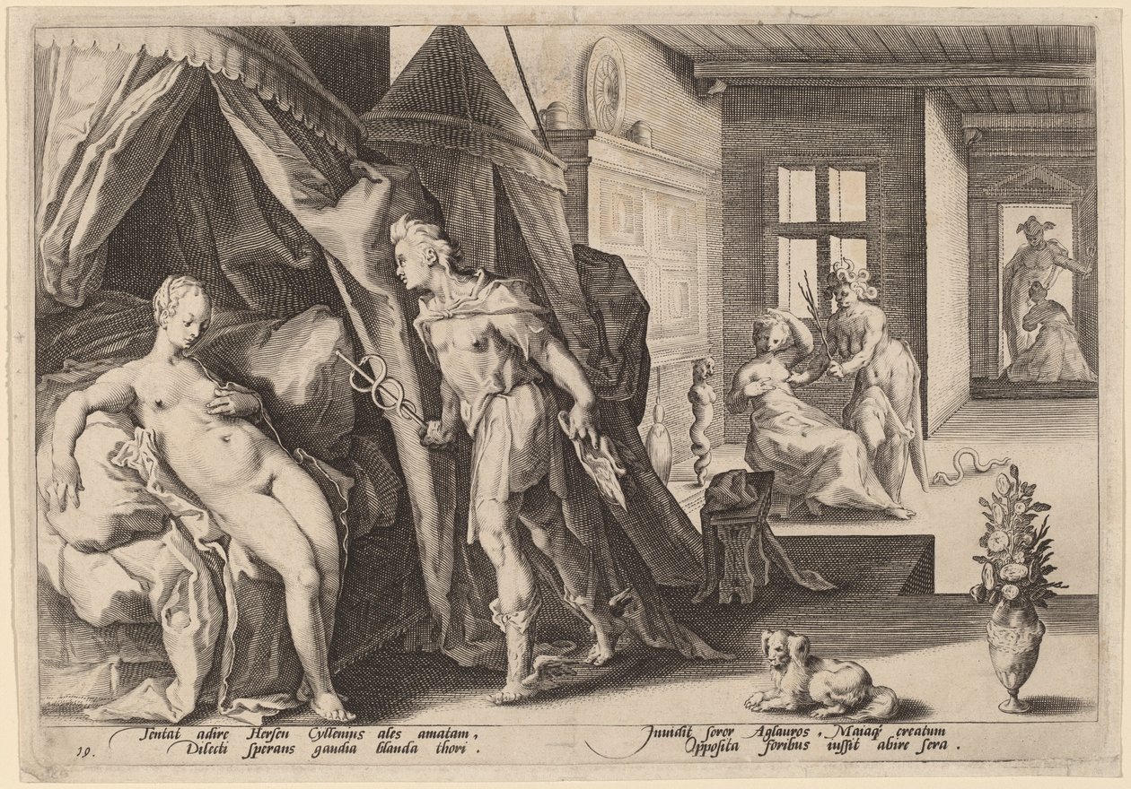 Merkury wchodzi do pokoju Herse po zmianie Agraulosa w Stone autorstwa Workshop of Hendrick Goltizus, after Hendrick Goltzius