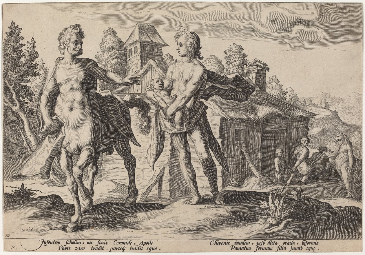 Apollo powierza Chironowi edukację Asklepiosa autorstwa Workshop of Hendrick Goltzius, after Hendrick Goltzius