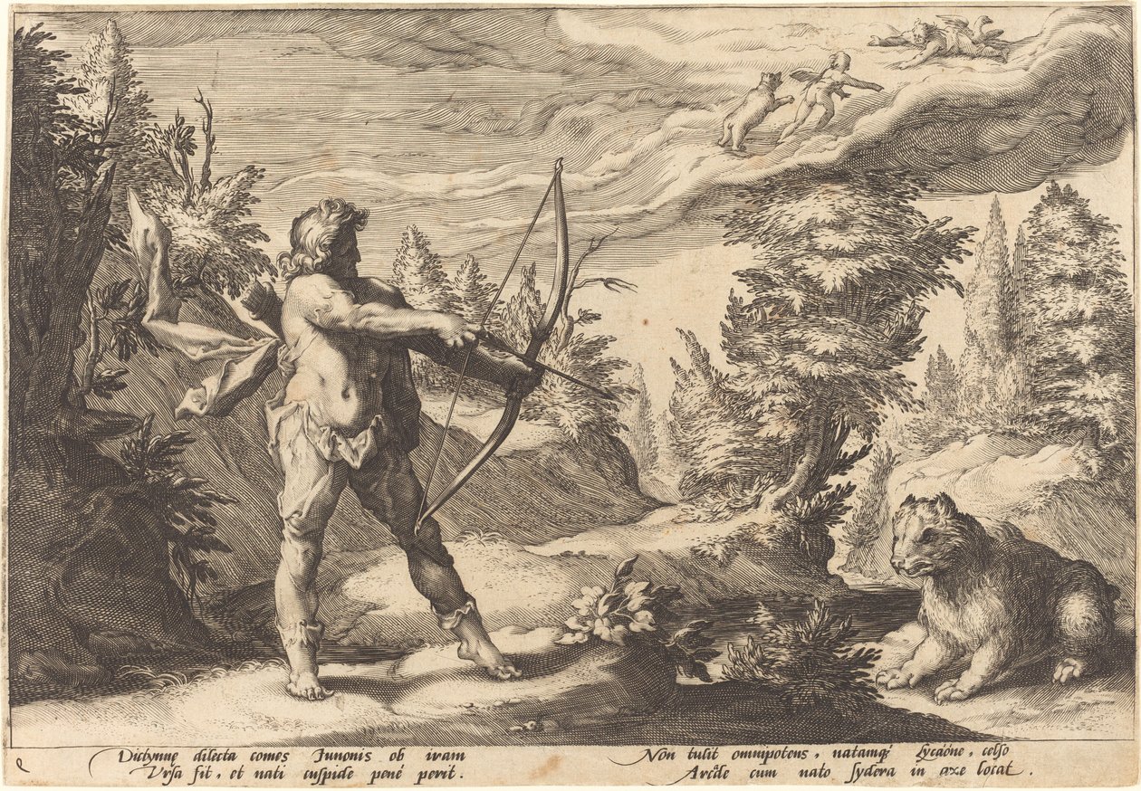 Arcas przygotowuje się do zabicia swojej matki autorstwa Workshop of Hendrick Goltzius, after Hendrick Goltzius