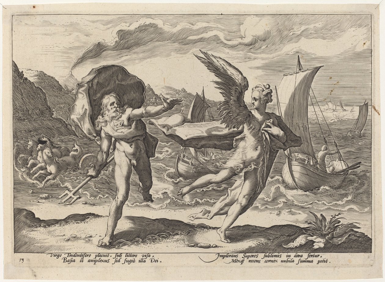 Coronis zmienił się we wronę autorstwa Workshop of Hendrick Goltzius, after Hendrick Goltzius