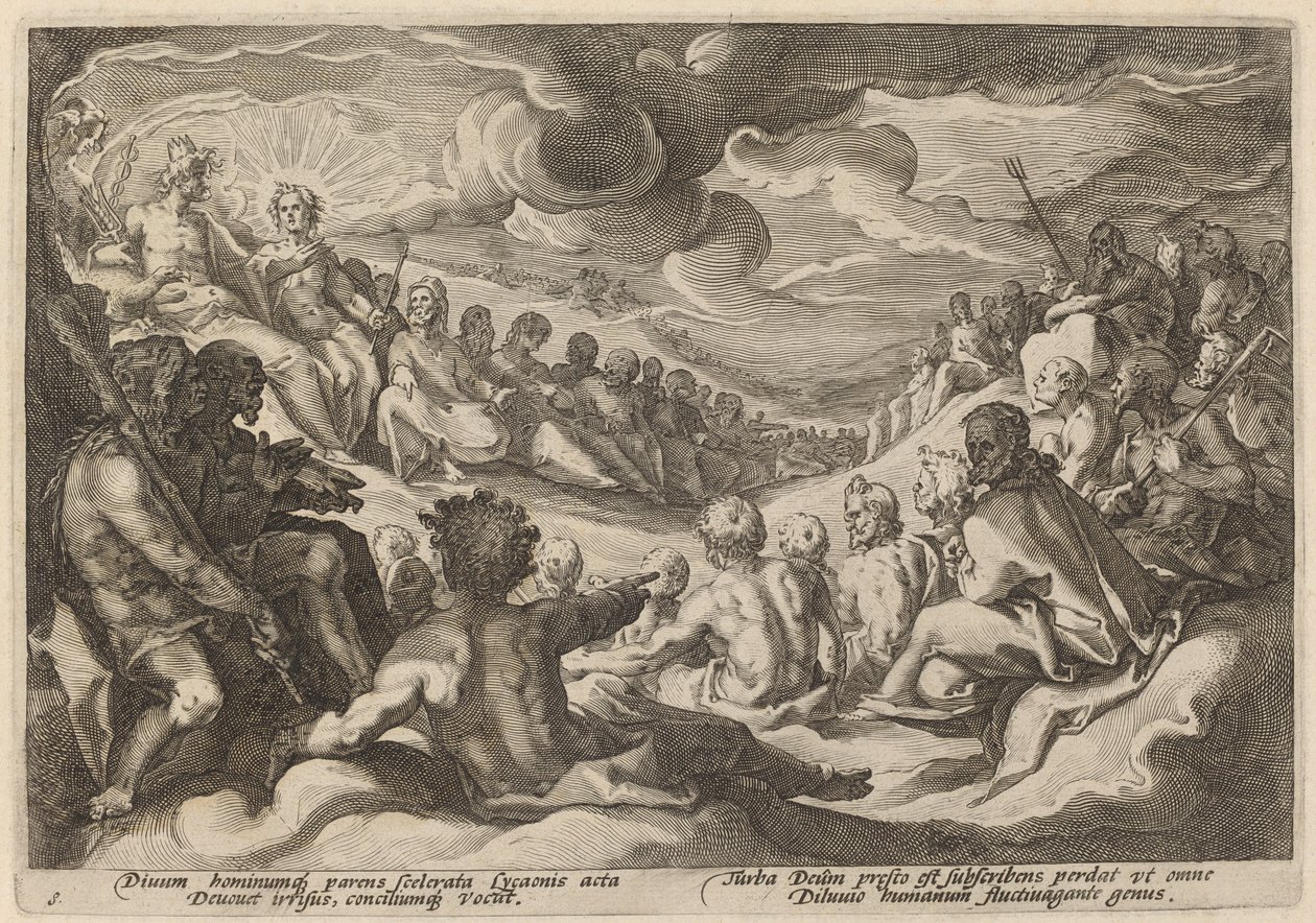 Jowisz zasięga rady bogów w sprawie zniszczenia wszechświata autorstwa Workshop of Hendrick Goltzius, after Hendrick Goltzius