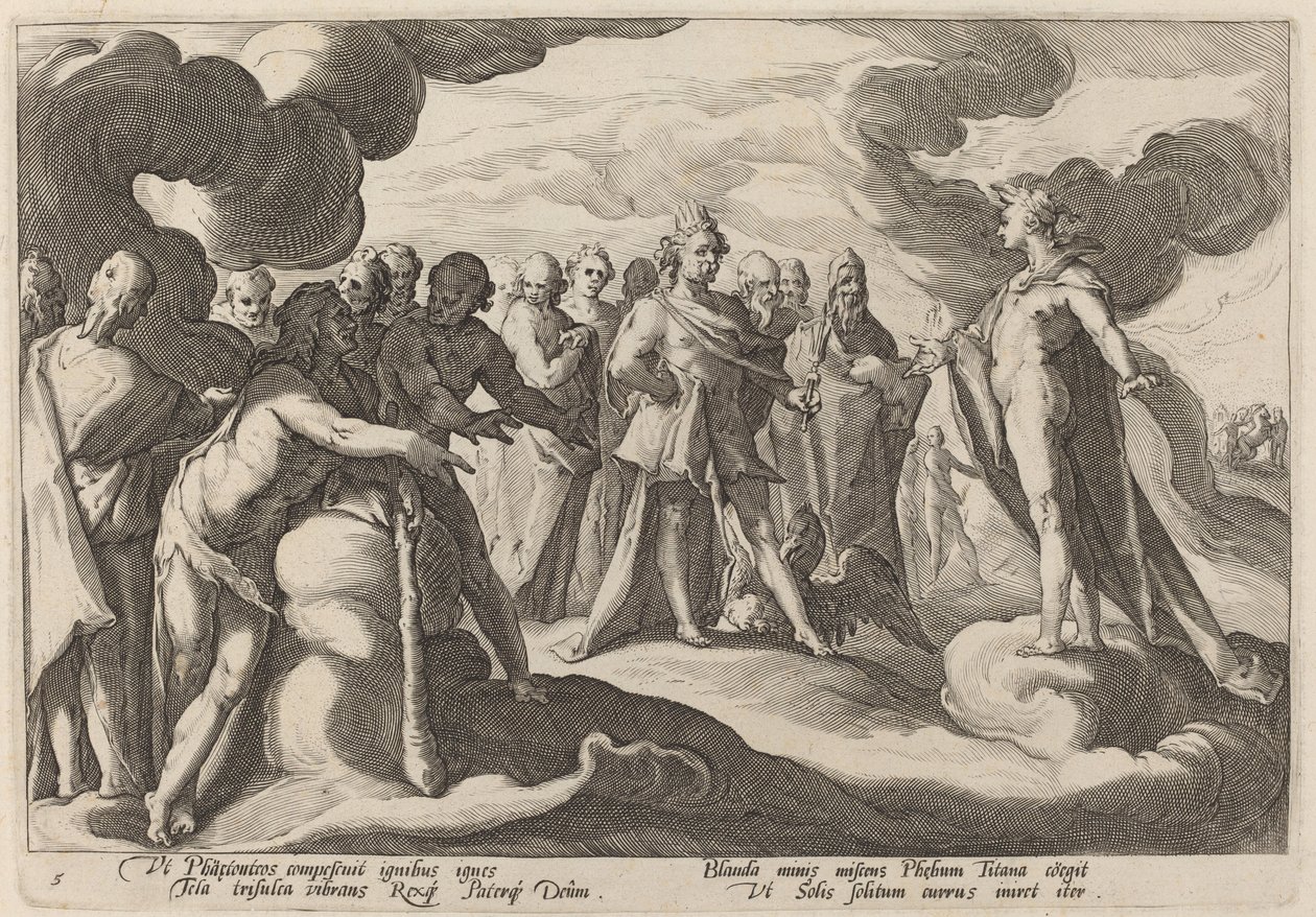 Jowisz i bogowie proszą Heliosa o wznowienie kontroli nad rydwanem autorstwa Workshop of Hendrick Goltzius, after Hendrick Goltzius