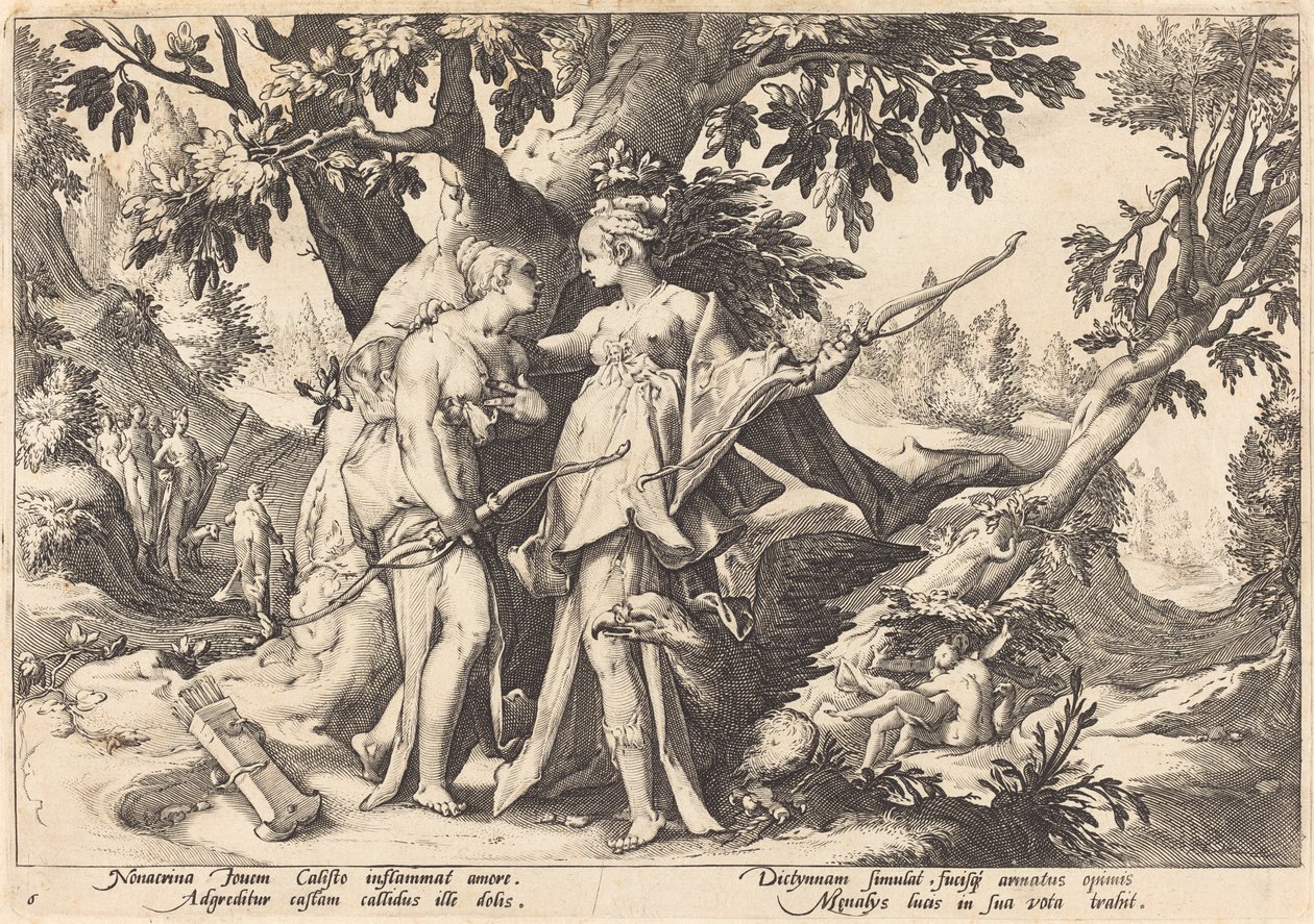 Jowisz w przebraniu Diany uwodzi Callisto autorstwa Workshop of Hendrick Goltzius, after Hendrick Goltzius