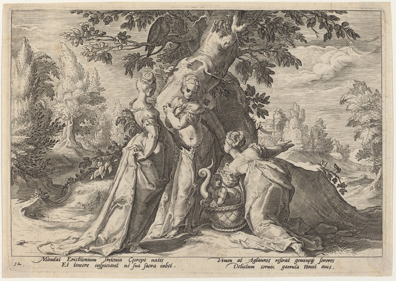 Córki Cecrops otwierają trumnę powierzoną im przez Minerwę autorstwa Workshop of Hendrick Goltzius, after Hendrick Goltzius