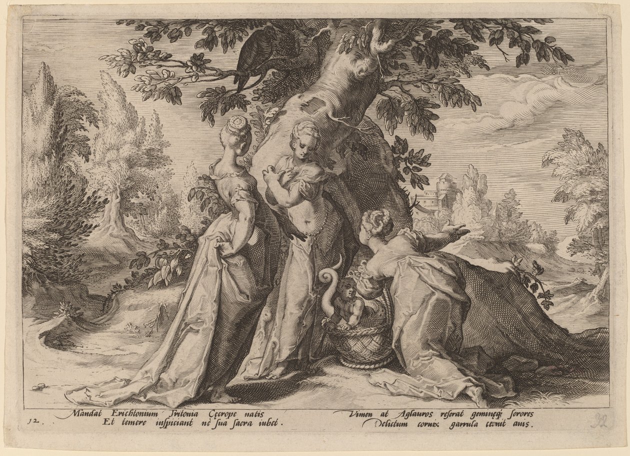 Córki Cecrops otwierają trumnę powierzoną im przez Minerwę autorstwa Workshop of Hendrick Goltzius, after Hendrick Goltzius