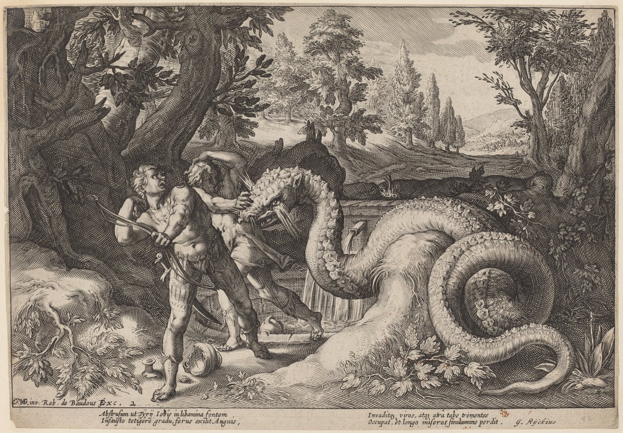 Smok pożerający towarzyszy Kadmusa autorstwa Workshop of Hendrick Goltzius, after Hendrick Goltzius