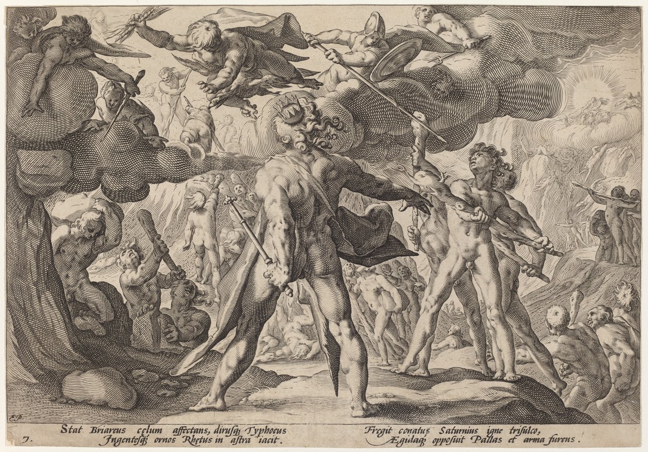 Giganci wspinają się po niebiosach autorstwa Workshop of Hendrick Goltzius, after Hendrick Goltzius