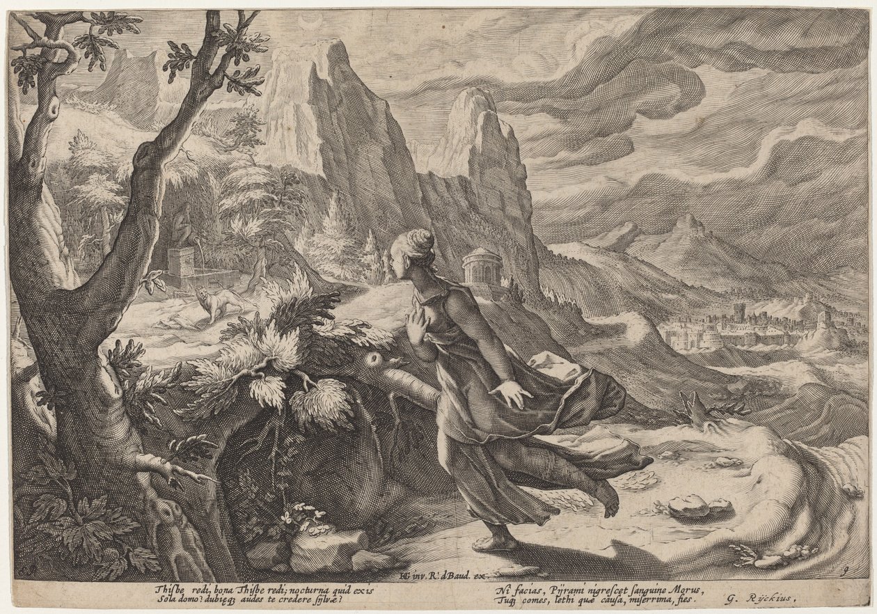 Thisbe przestraszony przez lwa autorstwa Workshop of Hendrick Goltzius, after Hendrick Goltzius