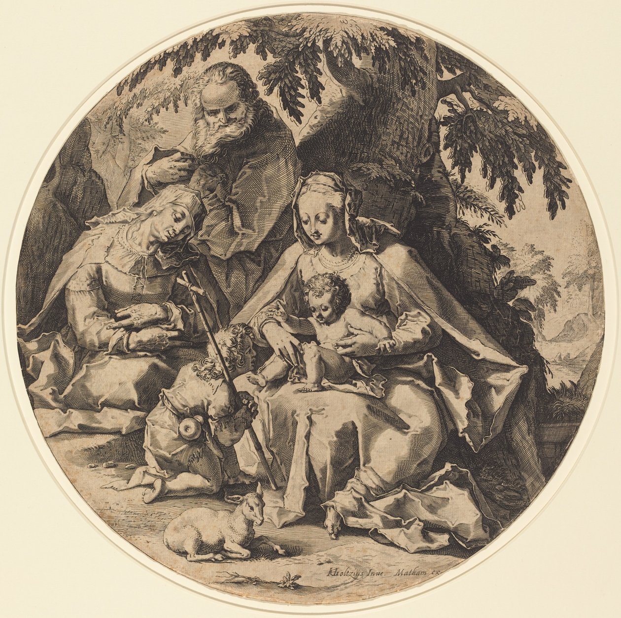 Święta Rodzina ze św. Elżbietą i św. Janem Chrzcicielem autorstwa Workshop of Jacob Matham, after Hendrik Goltzius