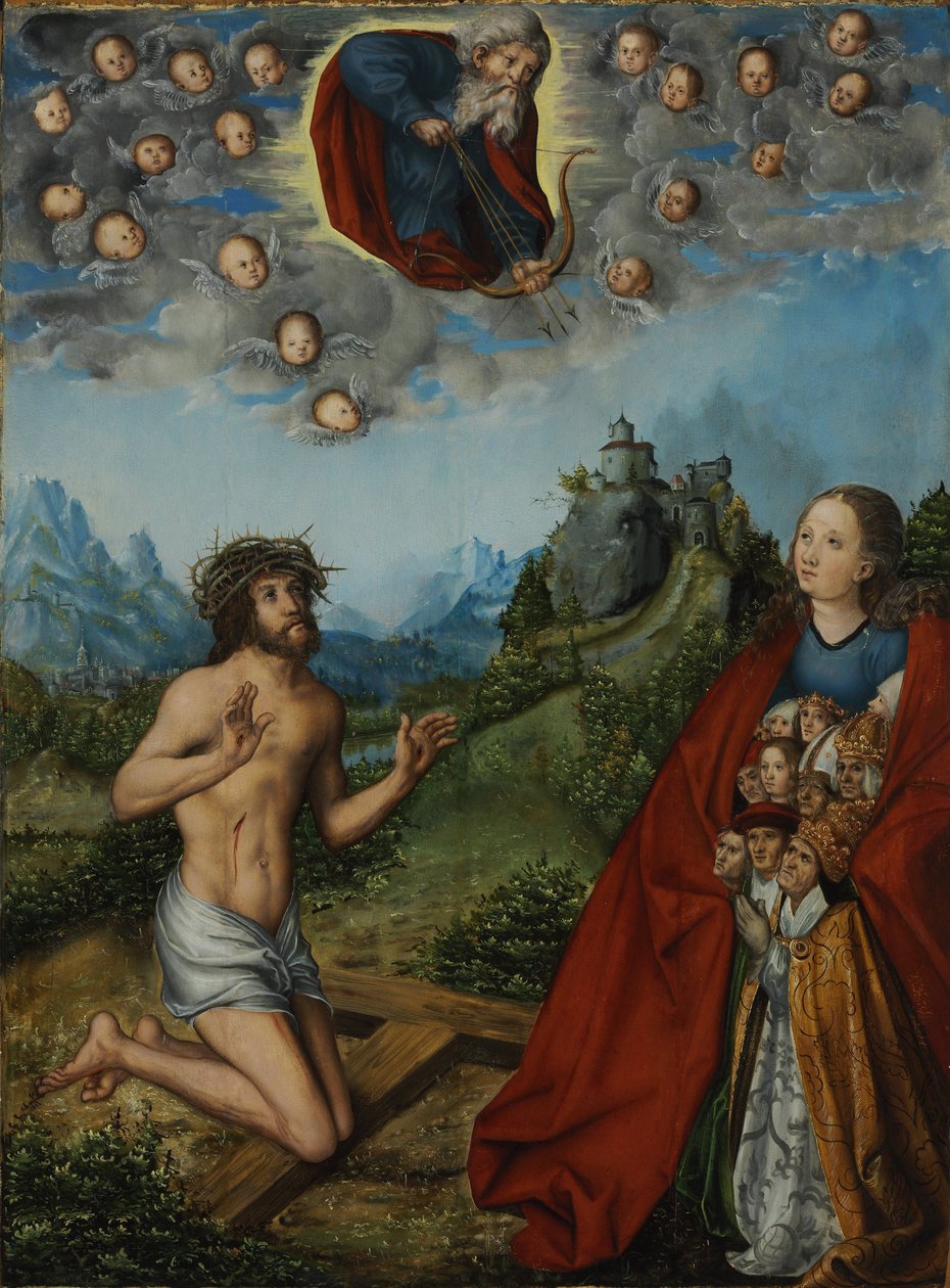 Chrystus i Dziewica wstawiają się za ludzkością przed Bogiem Ojcem (Trzy Plagi) autorstwa workshop of Lucas Cranach the Elder