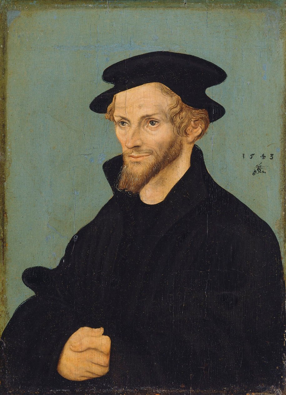 Język niemiecki: Bildnis Philipp Melanchthons Portret Philippa Melanchtona autorstwa workshop of Lucas Cranach the Elder