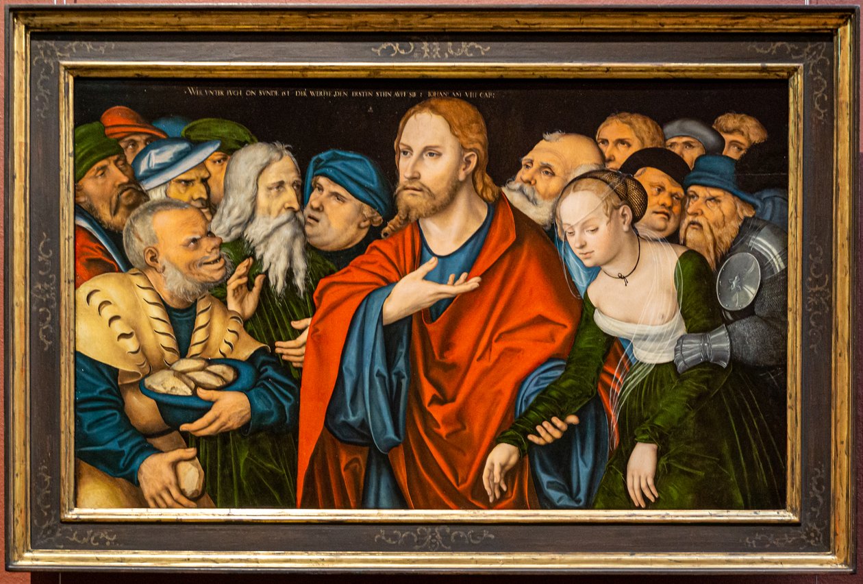 Niemiecki: Christus und die Ehebrecherin Chrystus i kobieta cudzołożna autorstwa workshop of Lucas Cranach the Elder