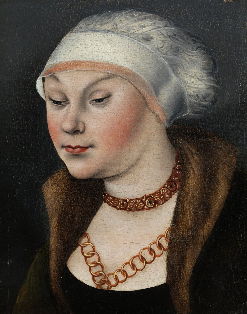 niemiecki: Kopf einer Dame mit weißer Haube (Omphale) Głowa kobiety w białym czepku autorstwa workshop of Lucas Cranach the Elder