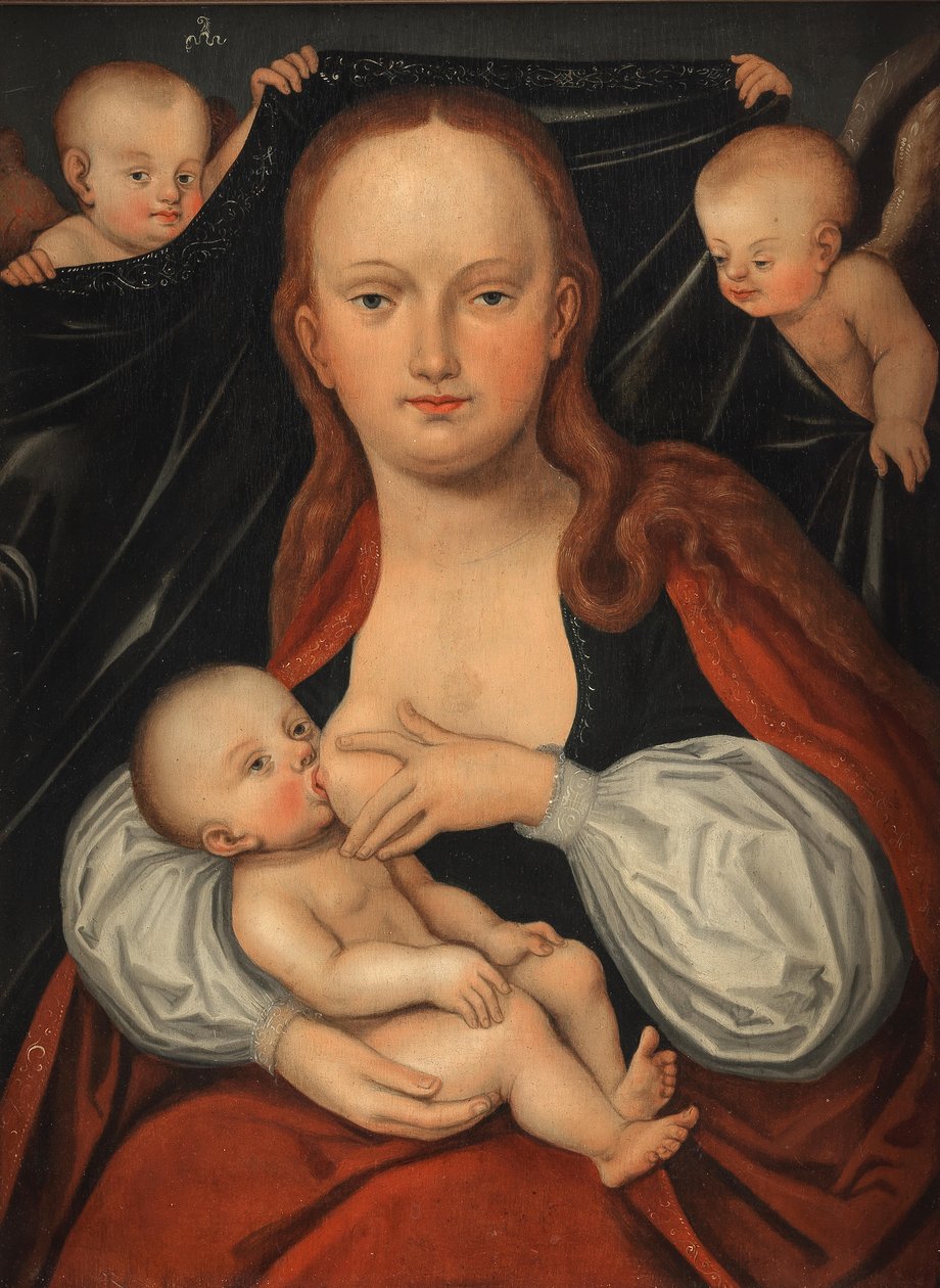 Madonna z Dzieciątkiem przed zasłoną trzymaną przez dwa anioły autorstwa workshop of Lucas Cranach the Elder