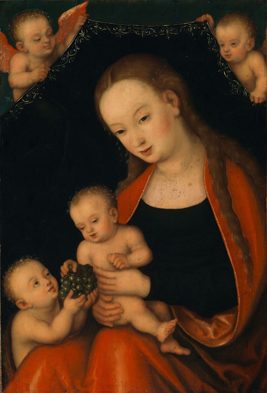 Dziewica z Dzieciątkiem z Dzieciątkiem Janem Chrzcicielem i aniołami autorstwa workshop of Lucas Cranach the Elder