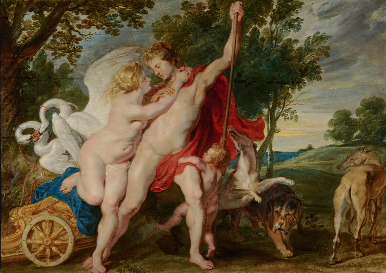 Wenus próbuje powstrzymać Adonisa przed wyruszeniem na polowanie autorstwa Workshop of Peter Paul Rubens