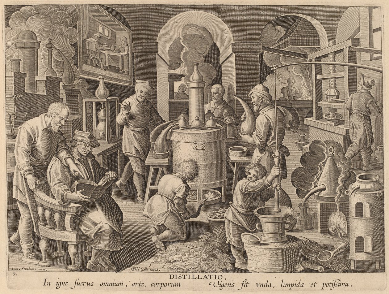 Destylacja (destylacja) autorstwa Workshop of Philip Galle after Jan van der Straet