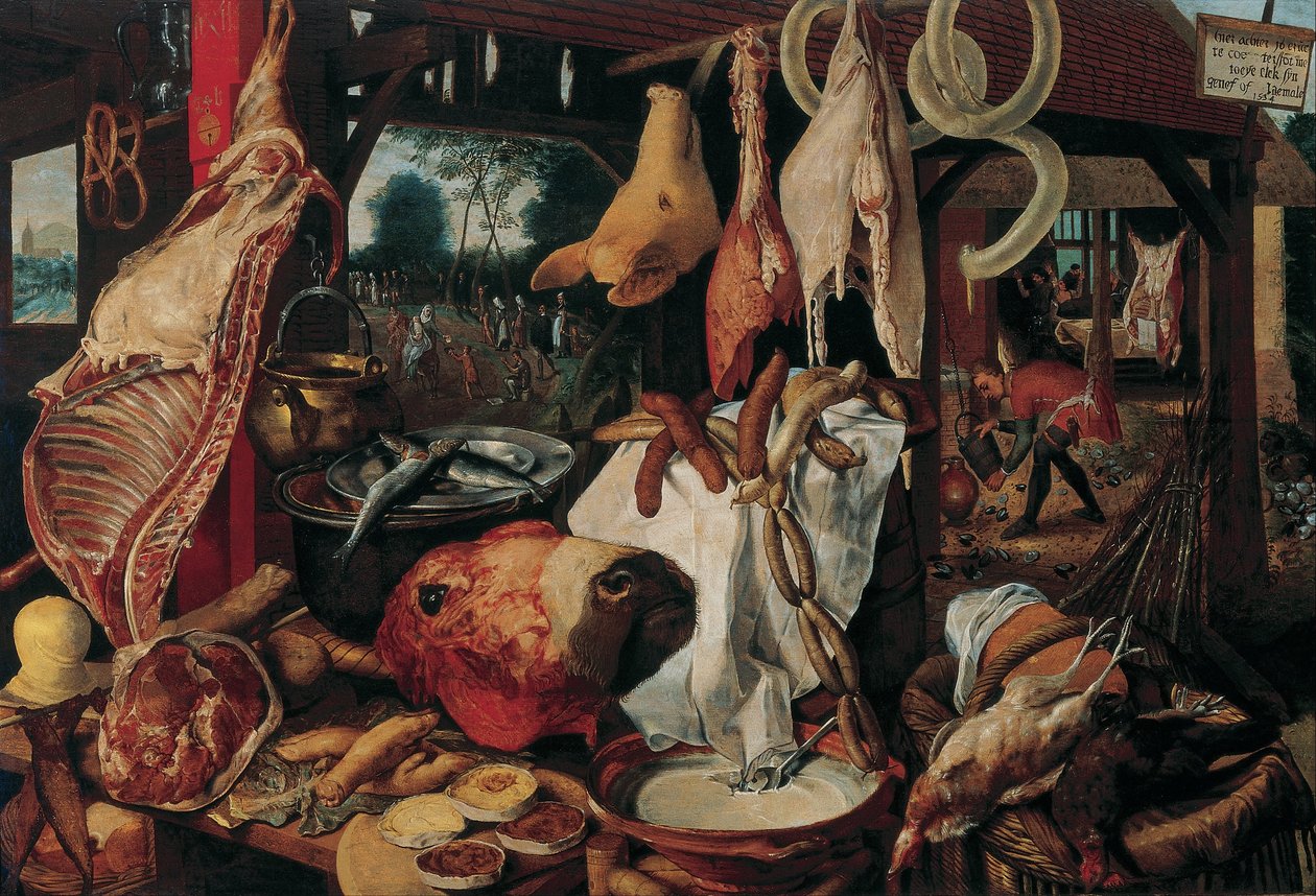 Martwa natura z mięsem i święta rodzina autorstwa Workshop of Pieter Aertsen