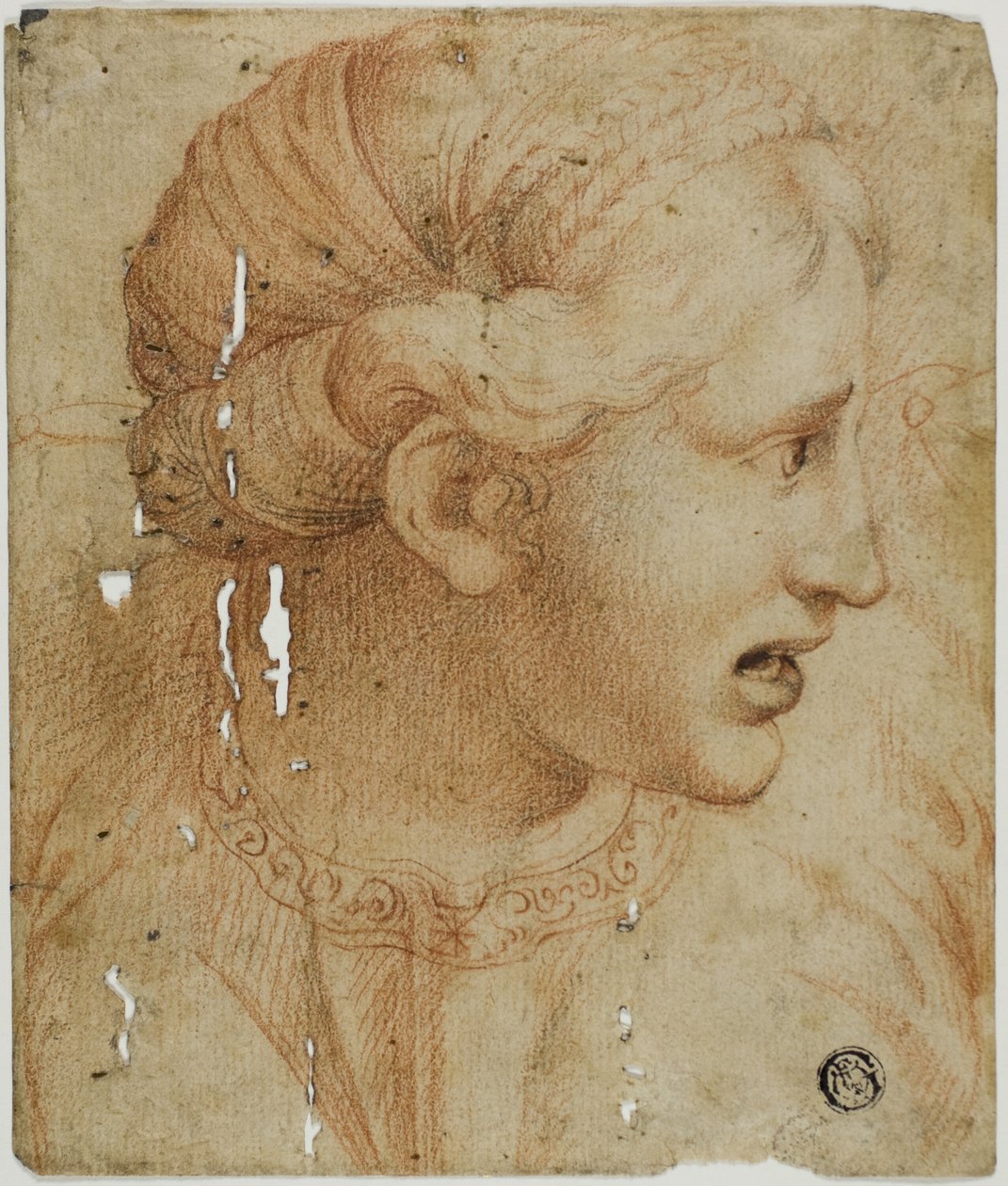 Głowa kobiety z profilu, zwrócona w prawo autorstwa Workshop of Raphael