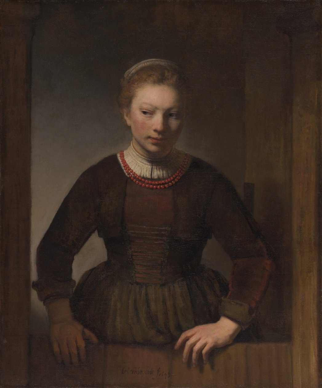 Młoda kobieta przy otwartych półdrzwiach autorstwa Workshop of Rembrandt van Rijn