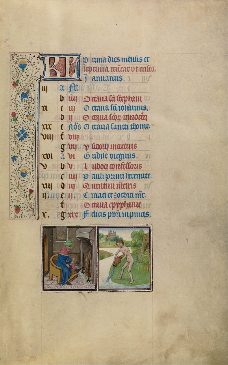 Człowiek ogrzewający się przy ogniu; Znak zodiaku Wodnika autorstwa Workshop of Willem Vrelant