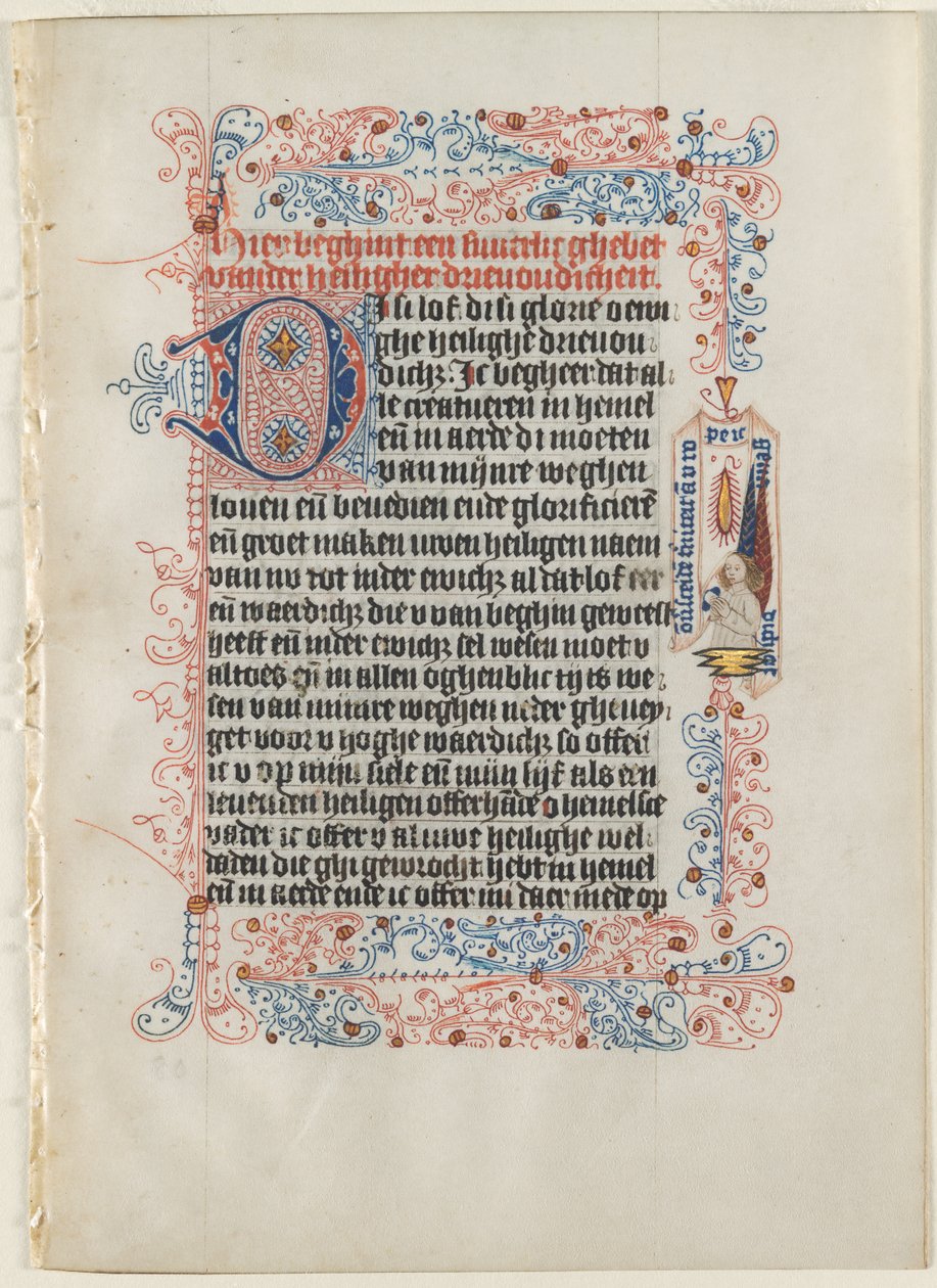 Liść wycięty z księgi godzin: Anioł z banderolą w rozkwitającej granicy..., c. 1475. autorstwa Workshop of the Convent of St.